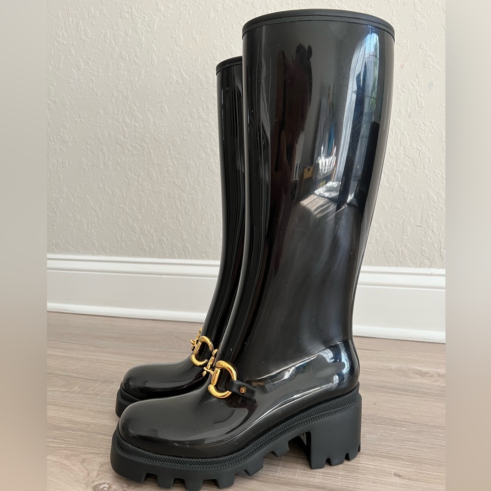 NEW GUCCI Knee High Rubber Horsebit Tall Rain Boot Nero Black Horse Size 5 - Picture 7 of 7